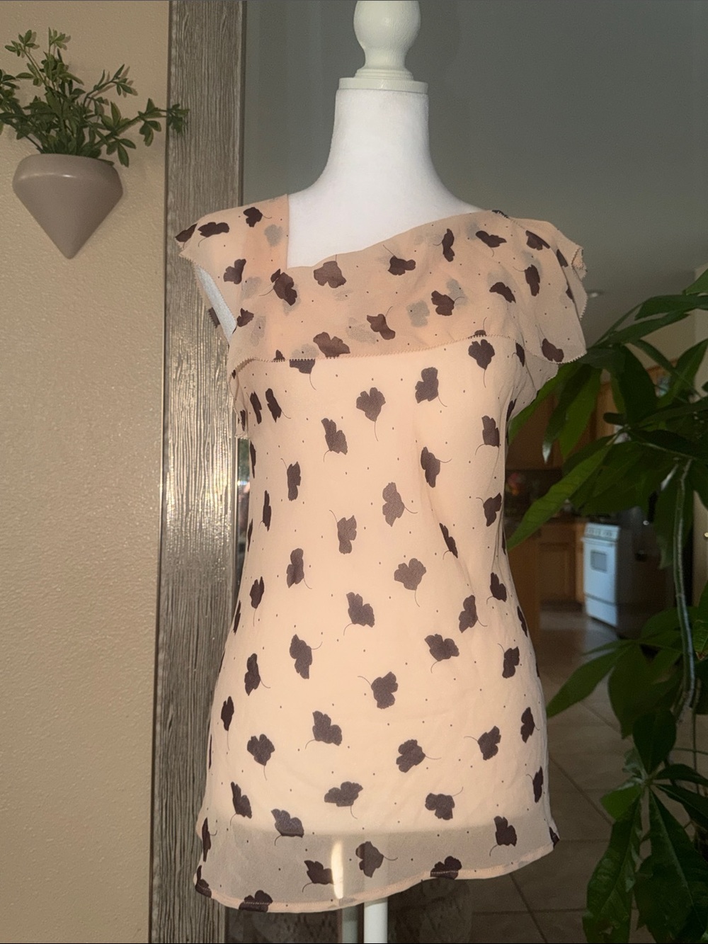 CAbi One-Shoulder Blush Dress with Brown Floral Print